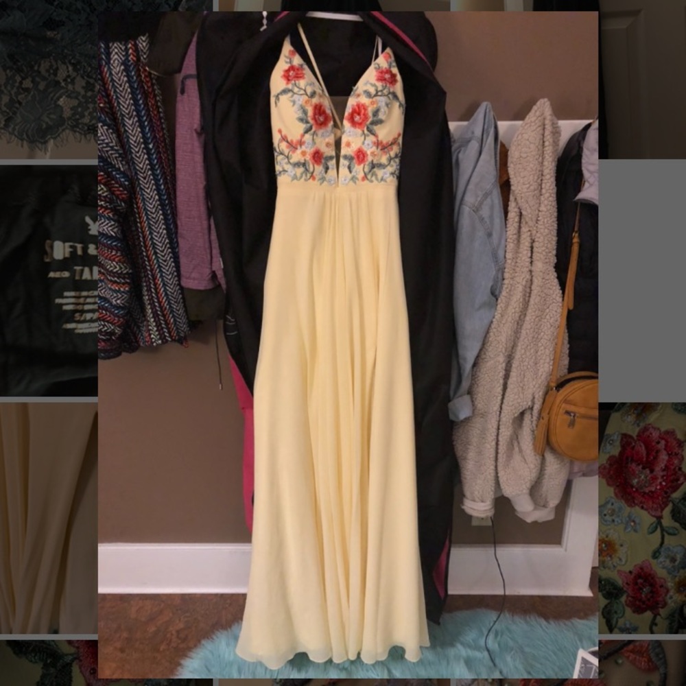 floor length pale yellow prom dress